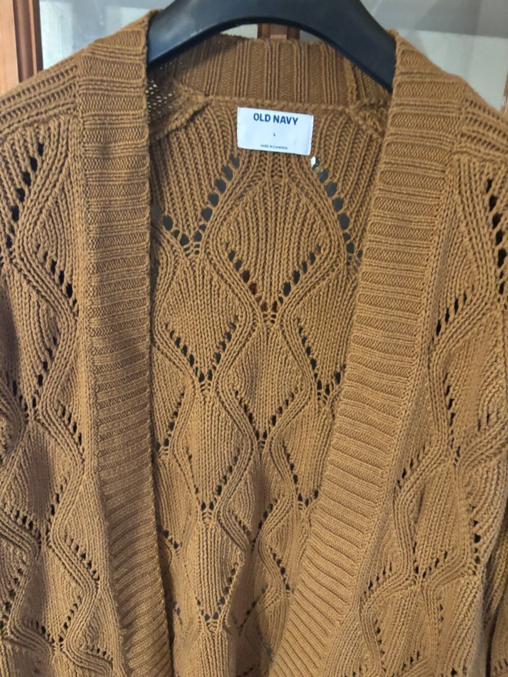 Old Navy Gold brown pointelle open-front relaxed-fit cardigan sweater SZ: L - Picture 2 of 10